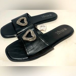 Rogue Black Slippers with Glittering Silver Hearts